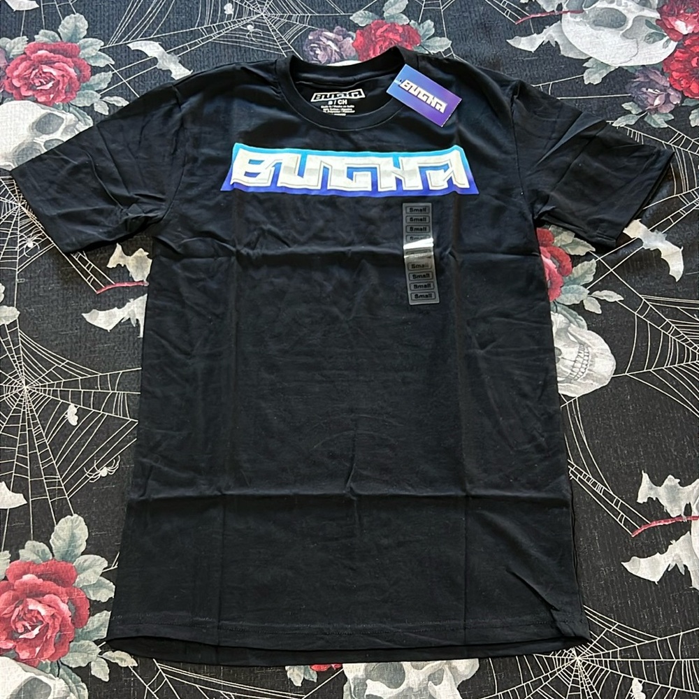 NWT BUGHA SCRIPT BLACK/BLUE/WHITE MENS TEE SHIRT SIZE SMALL, MEDIUM, OR LARGE